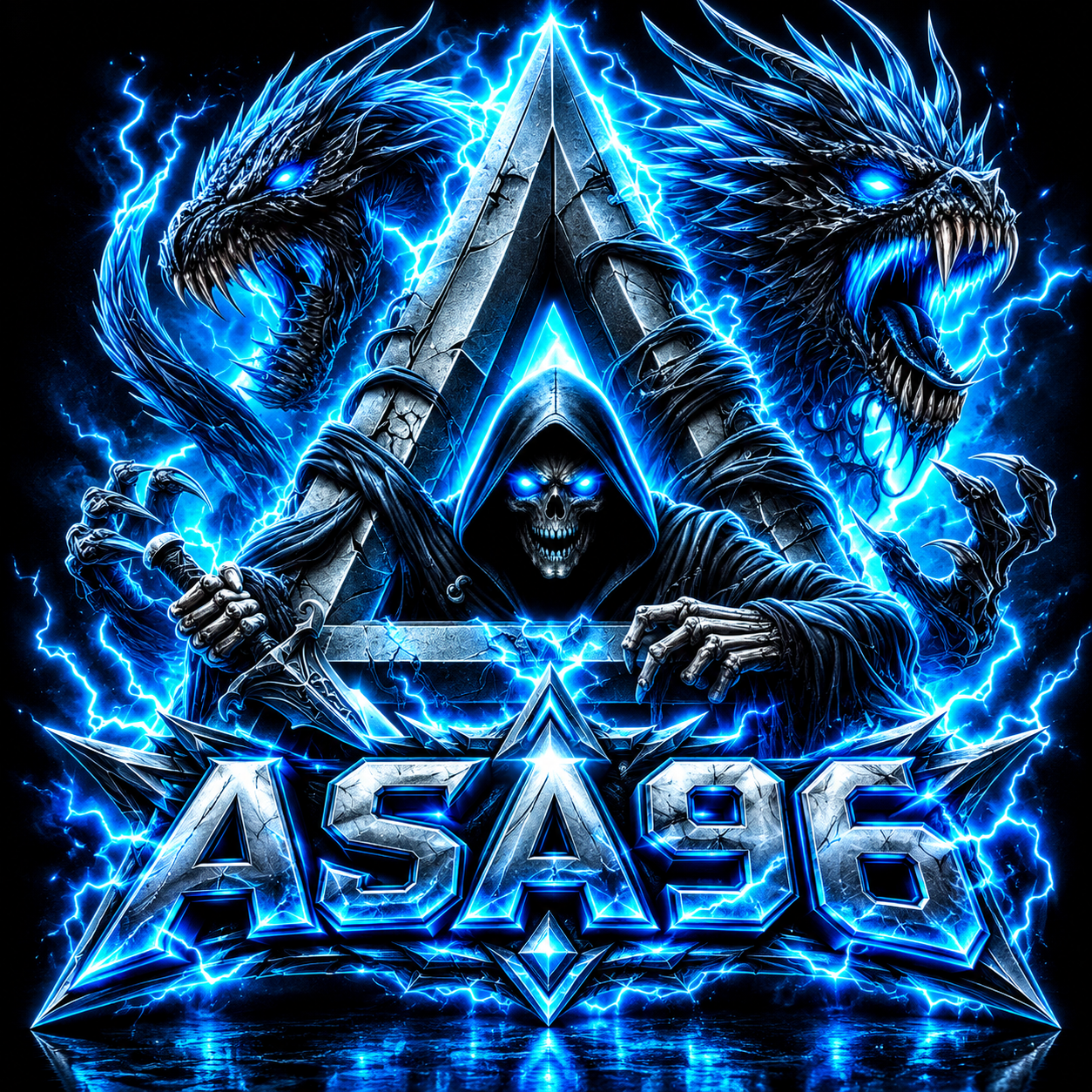 Artwork ASA96 menampilkan karakter bertudung, naga bercahaya biru, dan logo ASA96